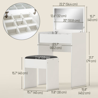 Modern Vanity Set with Makeup Table and Cushioned Stool, Dressing Table with Flip Top and Mirror for Bedroom, White