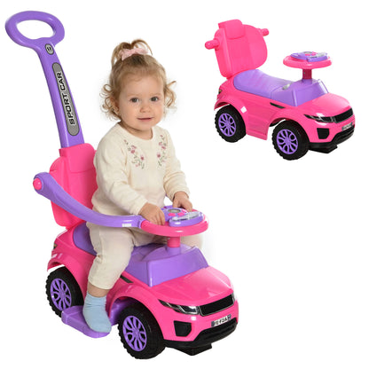 Aosom 3 in 1 Kid Ride on Push Car, Toddlers Sliding Walking Car, with Horn, Music, Light, Parent Control Handle, Secure Bar, Under Seat Storage, for Boy Girl 18-36 Months, Pink