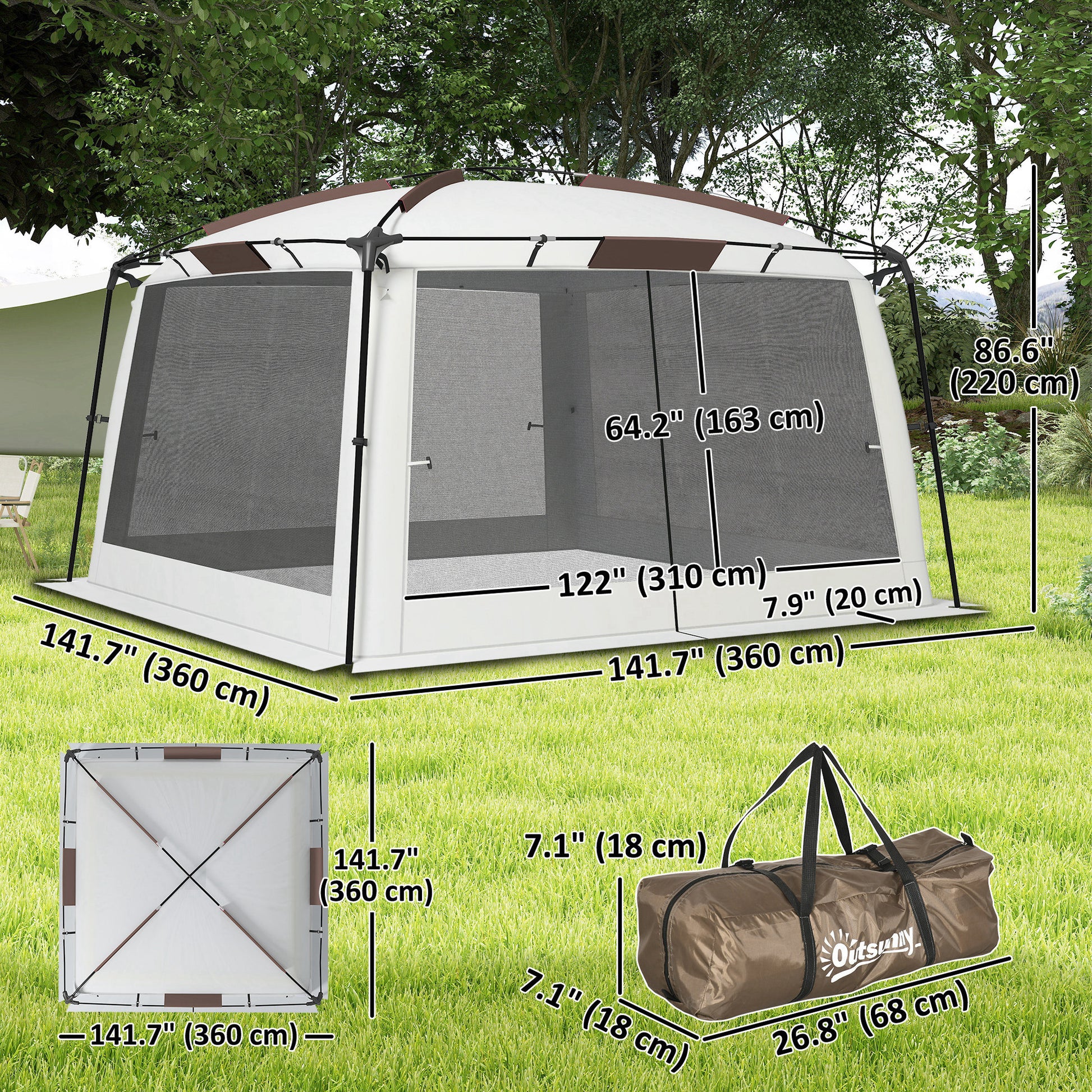 12' x 12' Screen Tent, UV50+ Protection Outdoor Screen House with Carry Bag & Ground Stakes, Fits 6-8 People, White