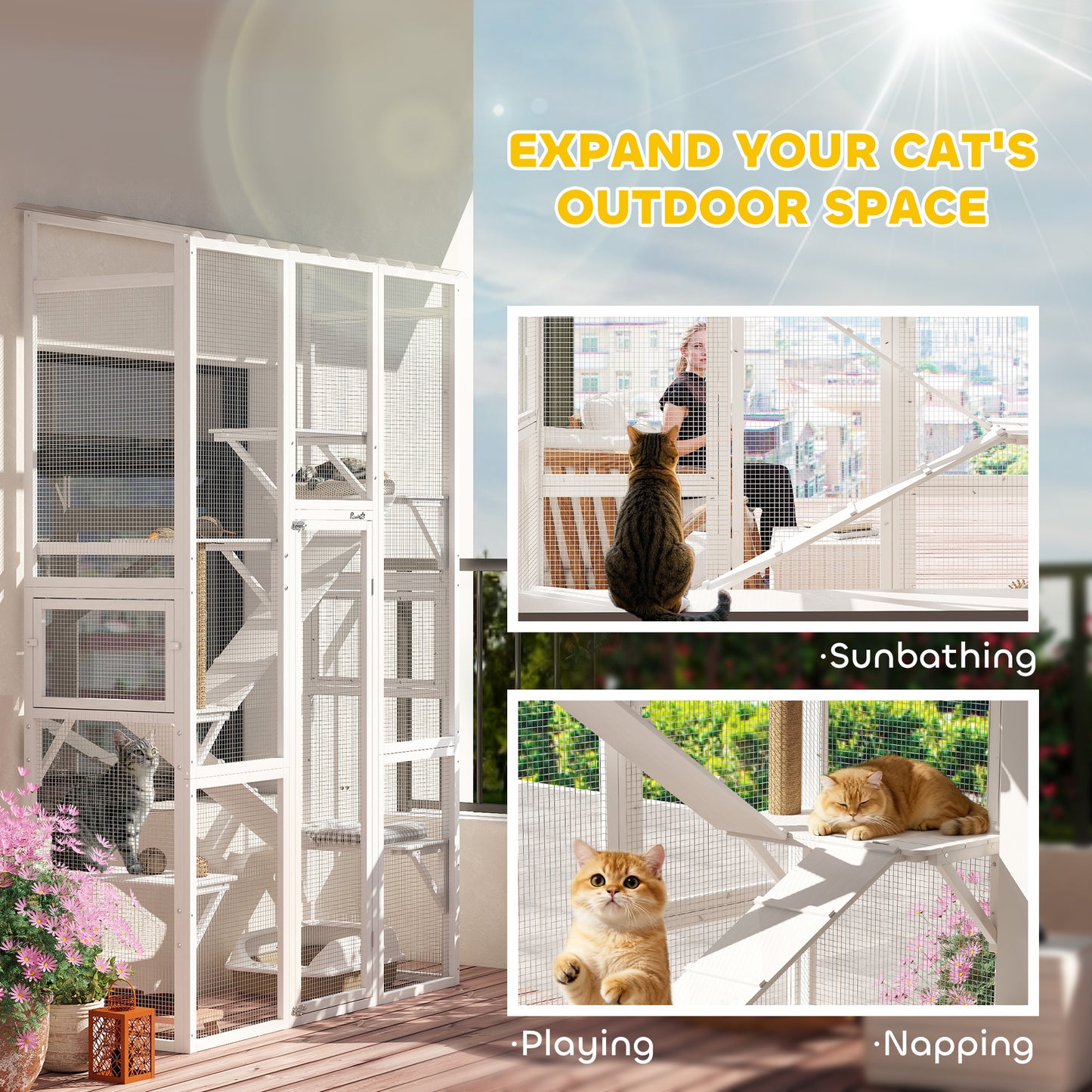 Large Outdoor Catio with 6 Jumping Platforms, Scratching Post, 2 Ramps, Waterproof Roof, White