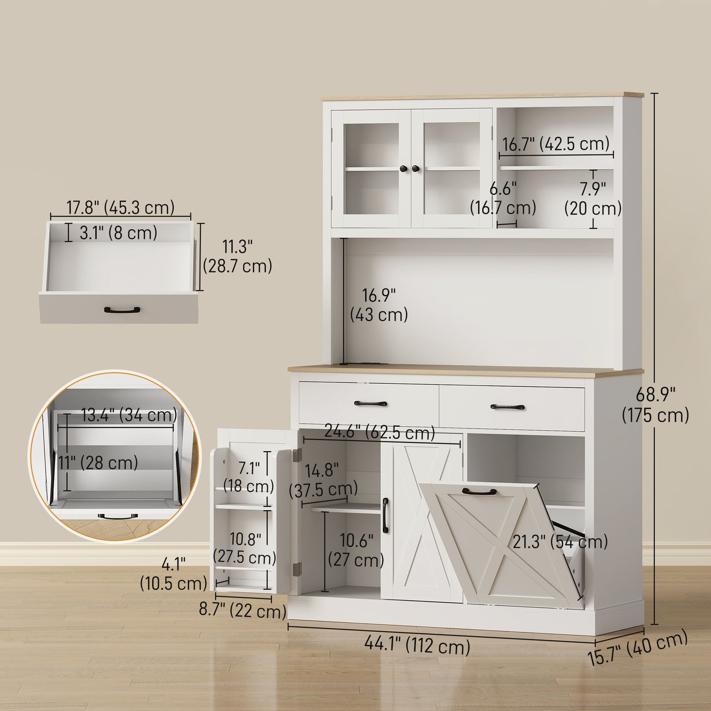 69" Kitchen Pantry Cabinet with Charging Station Kitchen Cabinet with Microwave Stand 7 Gallon Trash Can Cabinet White