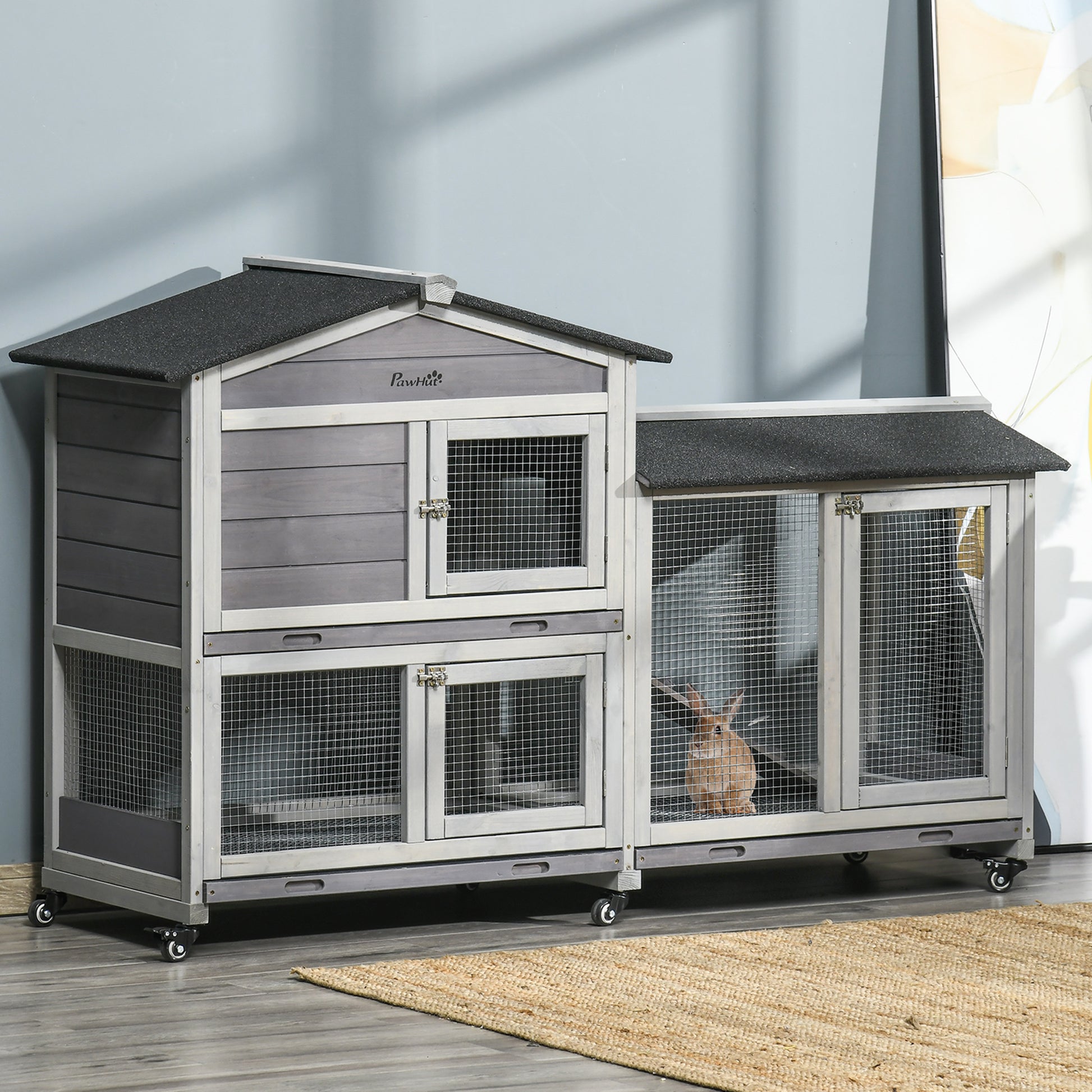 62" Wooden Rabbit Hutch with Wheels, Run Box, Tray, Ramp for Small Animals, Guinea Pig, Indoor Outdoor Use, Light Grey