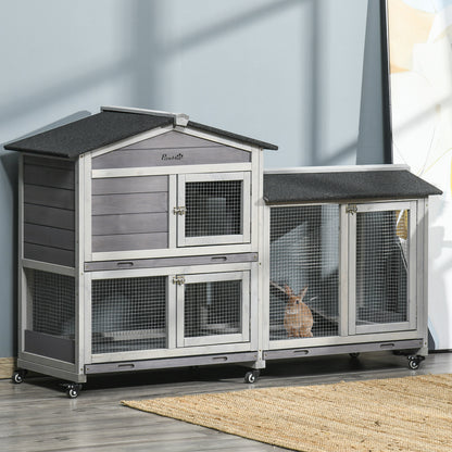 62" Wooden Rabbit Hutch with Wheels, Run Box, Tray, Ramp for Small Animals, Guinea Pig, Indoor Outdoor Use, Light Grey