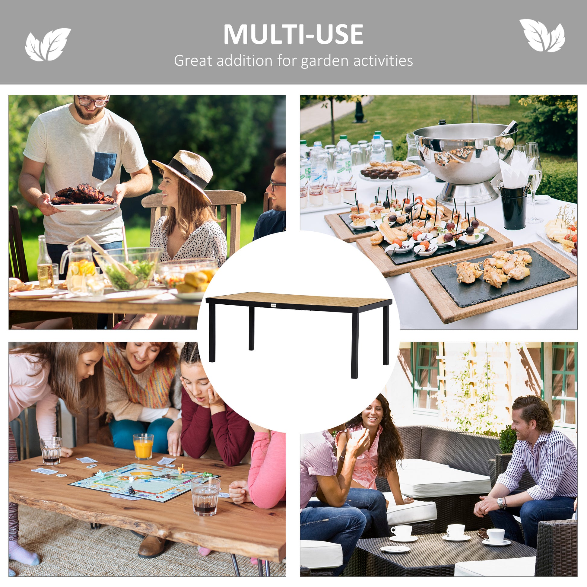 75" x 35" Outdoor Dining Table for 8 People, Rectangular Aluminum Frame Garden Table with All-Weather Faux Wood Top for Garden, Lawn, Patio, Natural