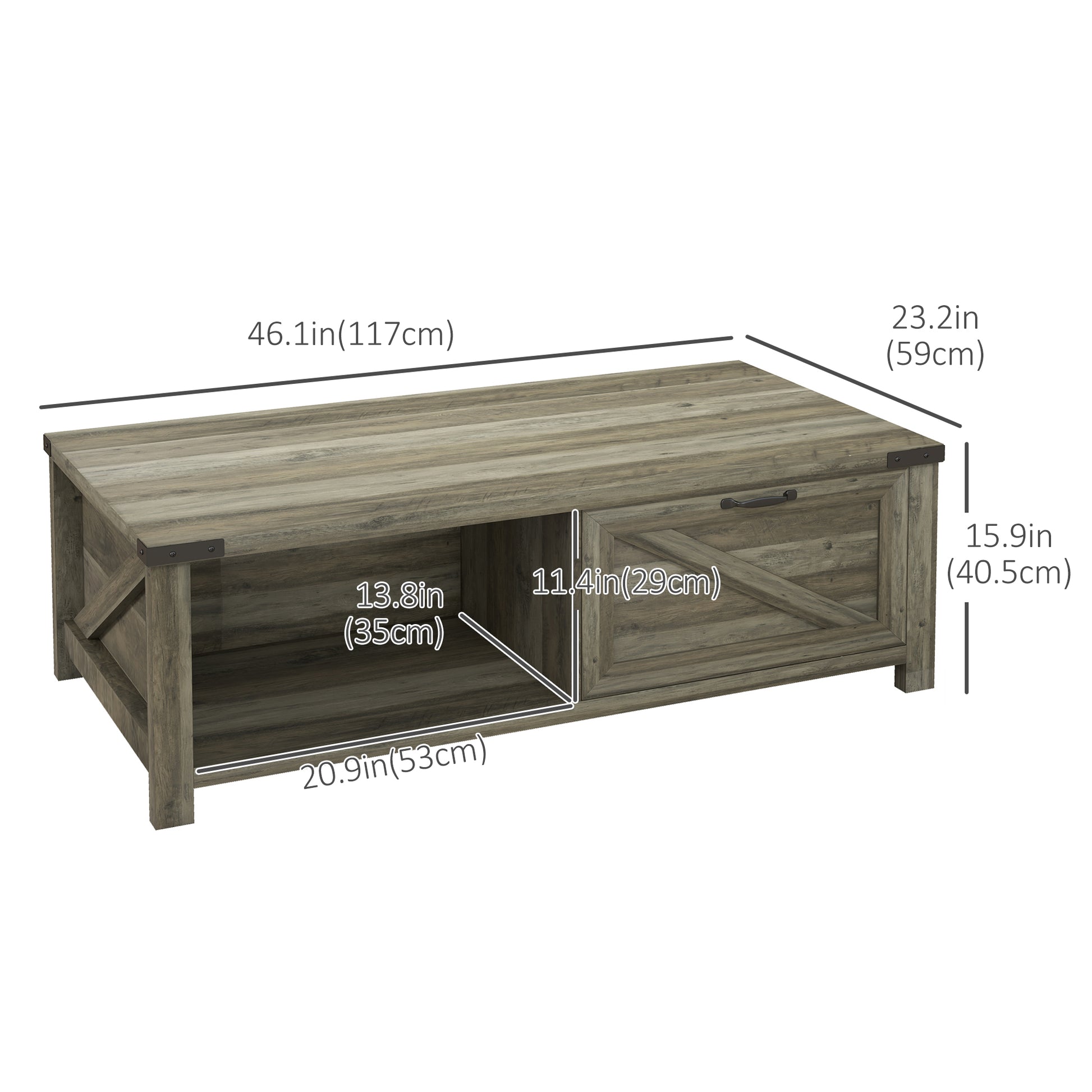Farmhouse Coffee Table with Drawer and Storage Shelf, Rustic Center Table for Living Room, Meeting Room, Grey