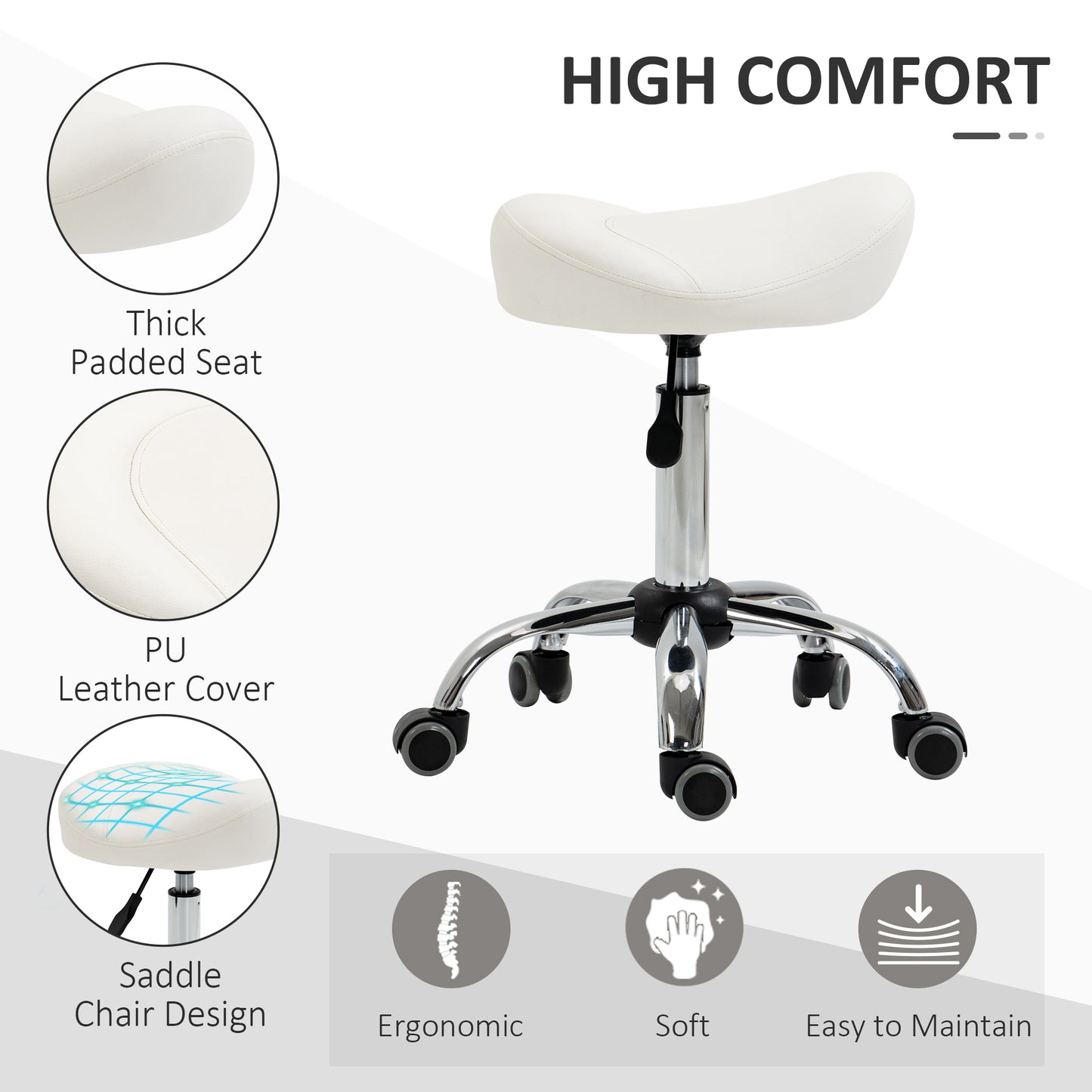 Ergonomic Saddle Stool with Wheels, Adjustable PU Leather Saddle Chair, 360° Swivel, NO Back Pain, Healthy Posture, Salon Chair for Massage Medical Home, White