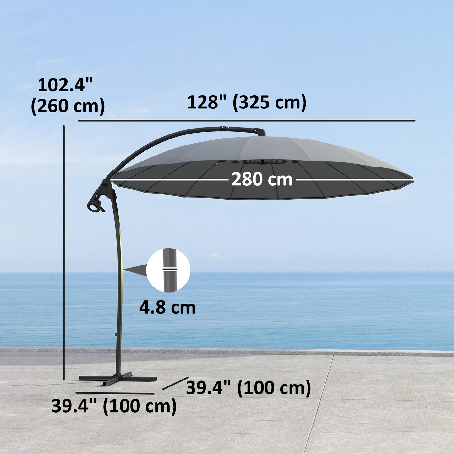 9FT Cantilever Umbrella with 16 Fibreglass Ribs, Offset Hanging Umbrella, Patio Umbrella with Crank and Cross Base, Grey