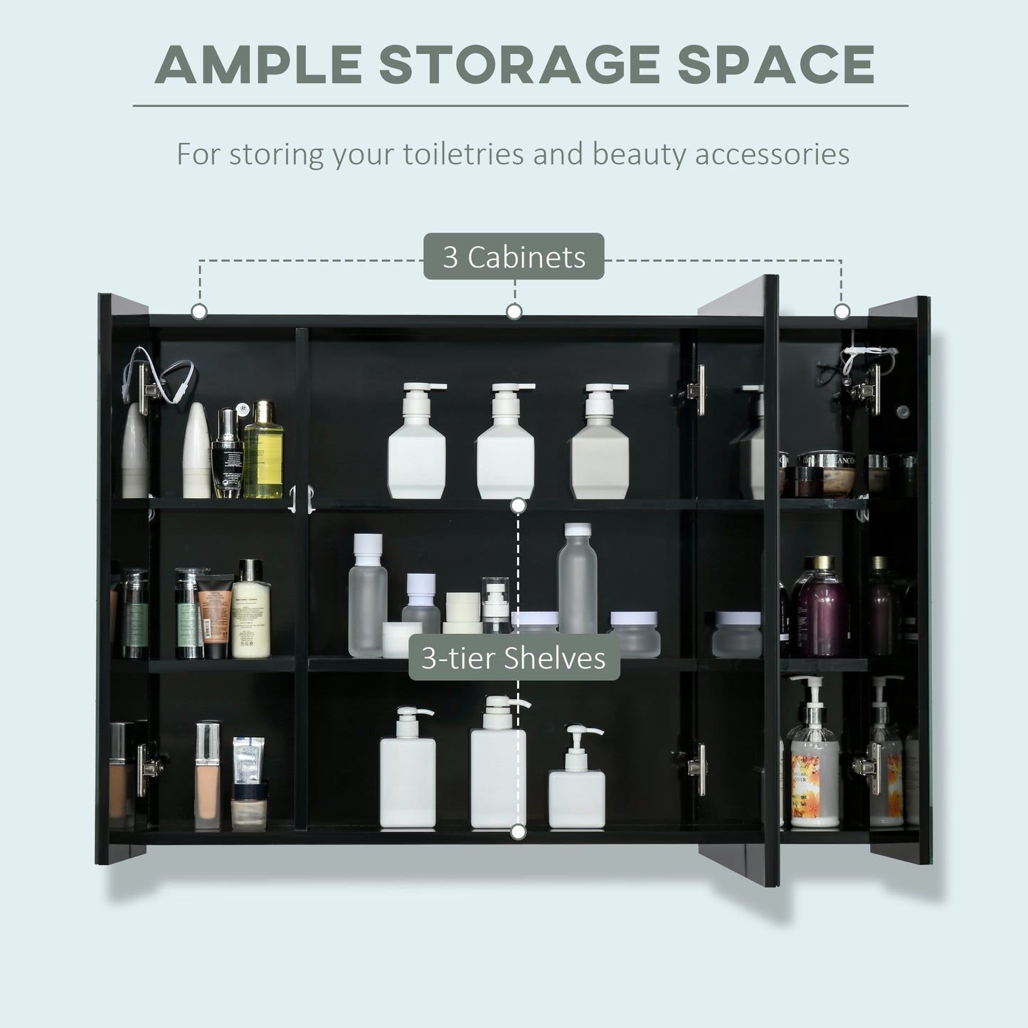 LED Medicine Cabinet with Mirror, Wall Mounted Bathroom Mirror Cabinet with Adjustable Shelves, High Gloss Black