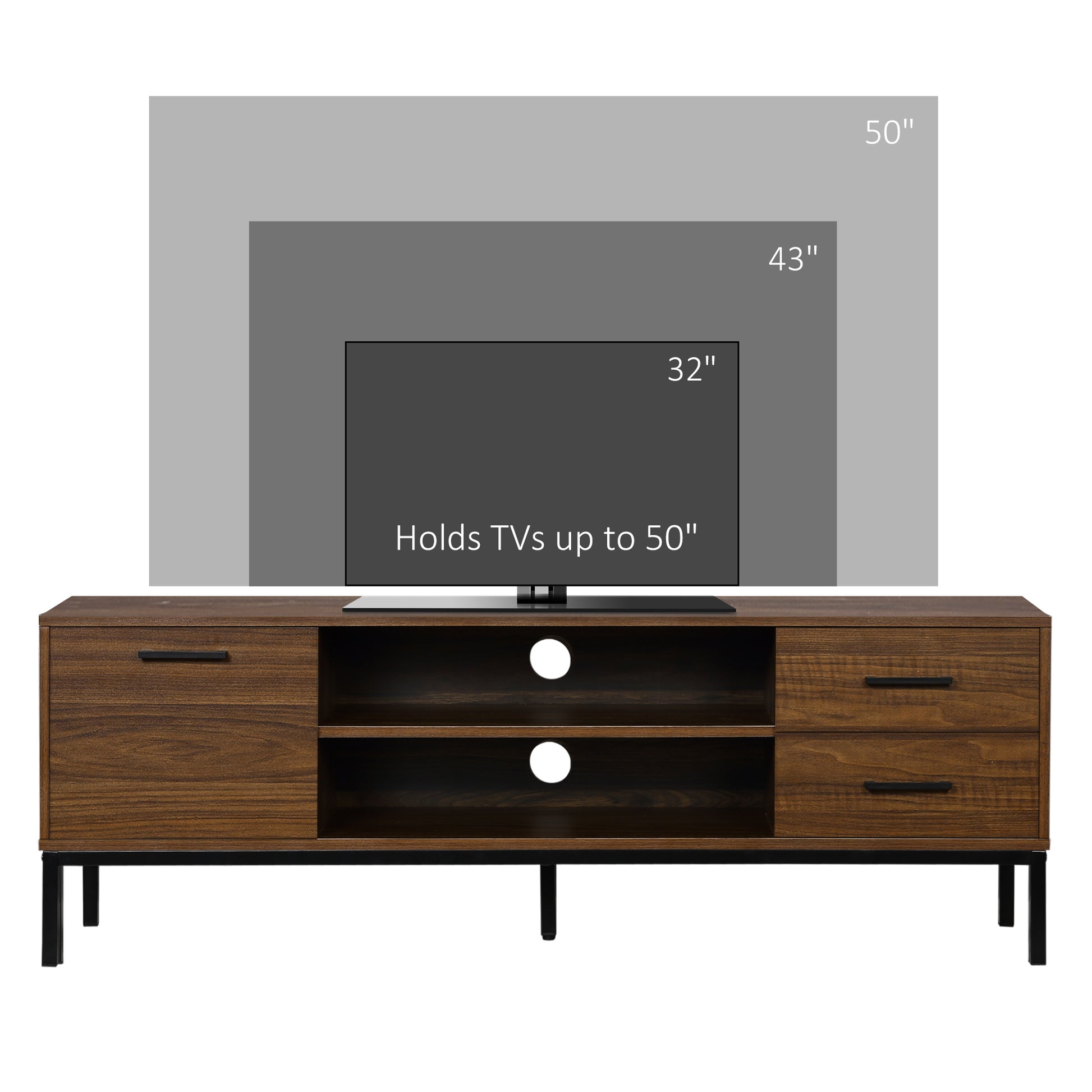 TV Stand for TV up to 50 Inches, TV Cabinet with Door, Open Storage and Drawers, TV Table with Steel Legs, Dark Walunt