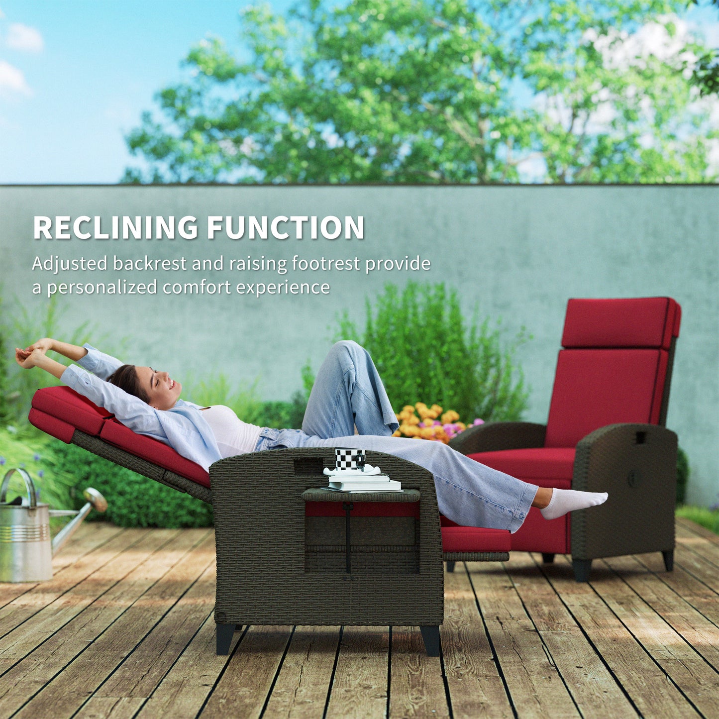 Outdoor Recliner Chair with Adjustable Backrest, Footrest, Thick Cushion, Side Tray, Up to 264 lbs, Wine Red