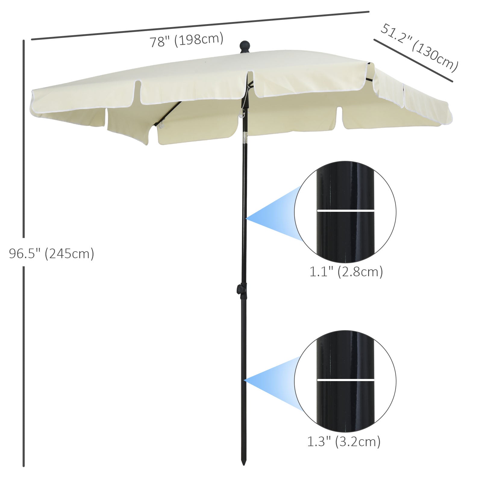 6.5x4ft Rectangle Patio Umbrella Aluminum Tilt Adjustable Garden Parasol Sun Shade Outdoor Canopy Cream White