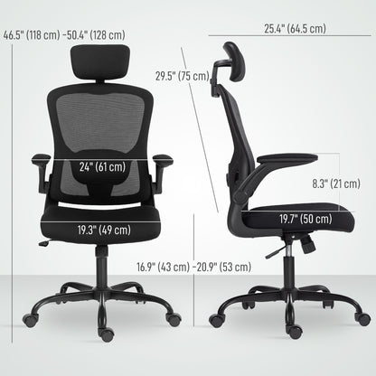 Ergonomic Office Chair, Mesh Desk Chair with Adjustable Headrest, Lumbar Support and Height, Flip-Up Armrests, Black