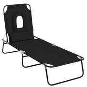 Adjustable Outdoor Lounge Chair, Garden Folding Chaise Lounge with Face Hole Reclining Tanning Chair Seat, Folding Camping Beach Lounging Bed w/ Support Pillow, Black