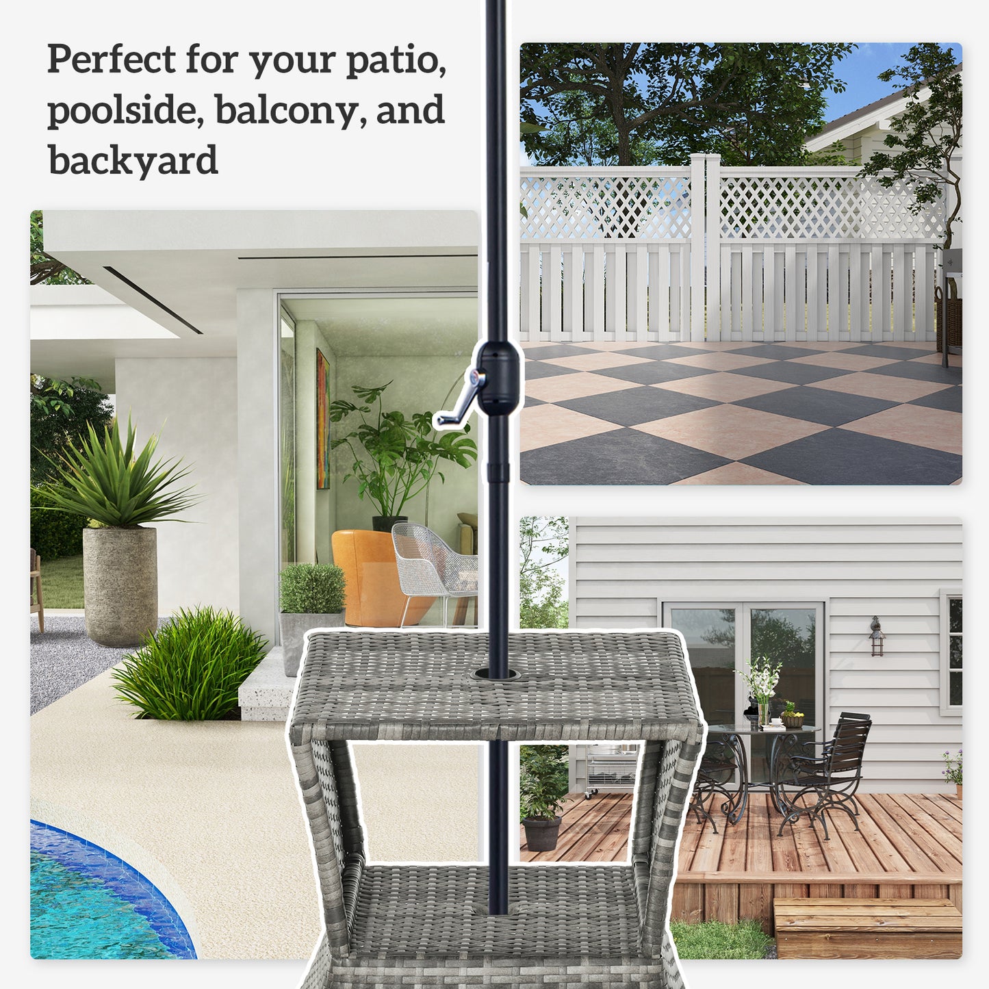 Rattan Wicker Side Table, 21.3" Square Outdoor End Table with Umbrella Hole 2-Tier Storage for Patio Garden Mixed Grey