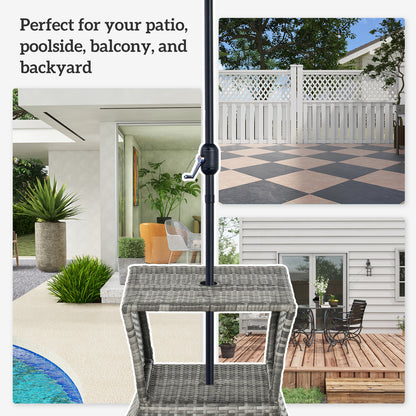 Rattan Wicker Side Table, 21.3" Square Outdoor End Table with Umbrella Hole 2-Tier Storage for Patio Garden Mixed Grey