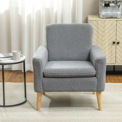 Fabric Accent Chair, Modern Upholstered Armchair with Wood Legs and Wide Padded Seat, Grey