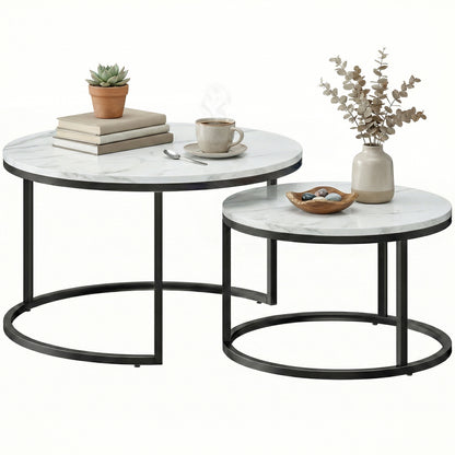 Modern Coffee Table Set of 2, Nesting Side Tables w/ Metal Base for Living Room Bedroom Office Marble White