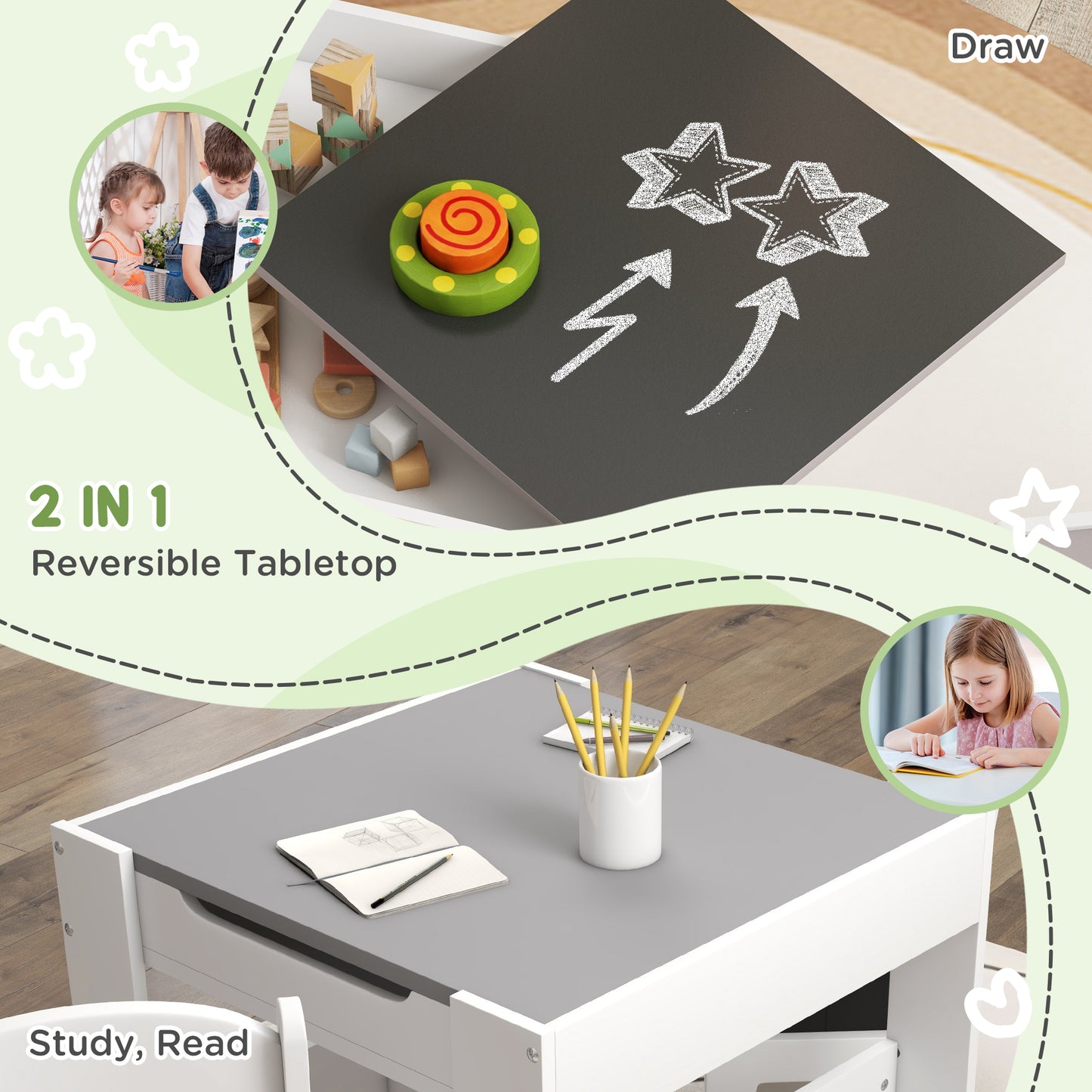 Qaba 3 Piece Kids Table and Chair Set with Reversible Tabletop, Blackboard, Storage, Bookshelf, for Playroom, Nursery, Grey