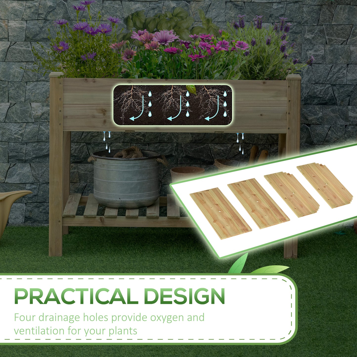 45" x 22" x 33" Raised Garden Bed with Legs and Storage Shelf, Wooden Elevated Planter Box with Drainage Holes for Backyard Patio Balcony, Light Green