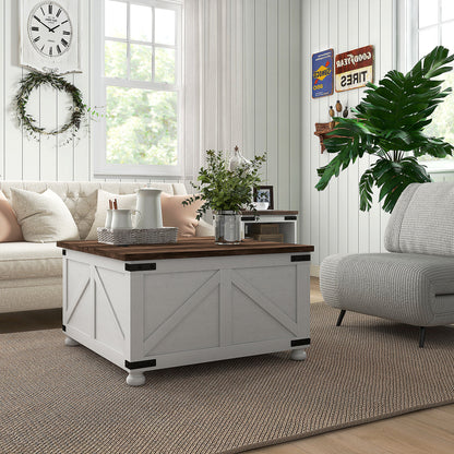 Coffee Table with Lift Top, 32" Farmhouse Center Table with Hidden Compartment for Living Room, Antique White