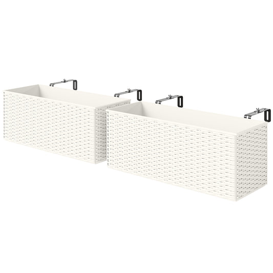 2 Pack 20 Inch Hanging Flower Pots, Railing Planter Box for Fence, Garden, Rattan Look, White