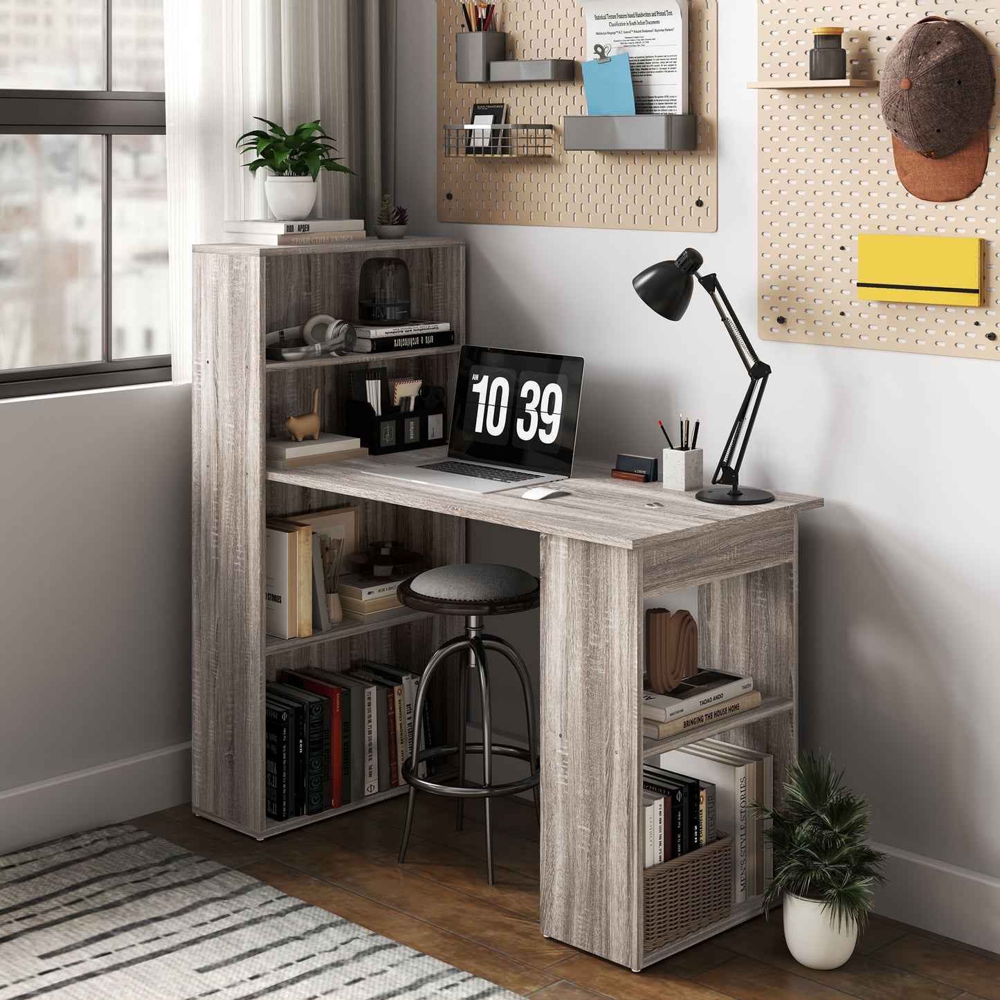 Computer Desk with Storage, PC Table with Bookshelf for Home Office, Study Room, Oak