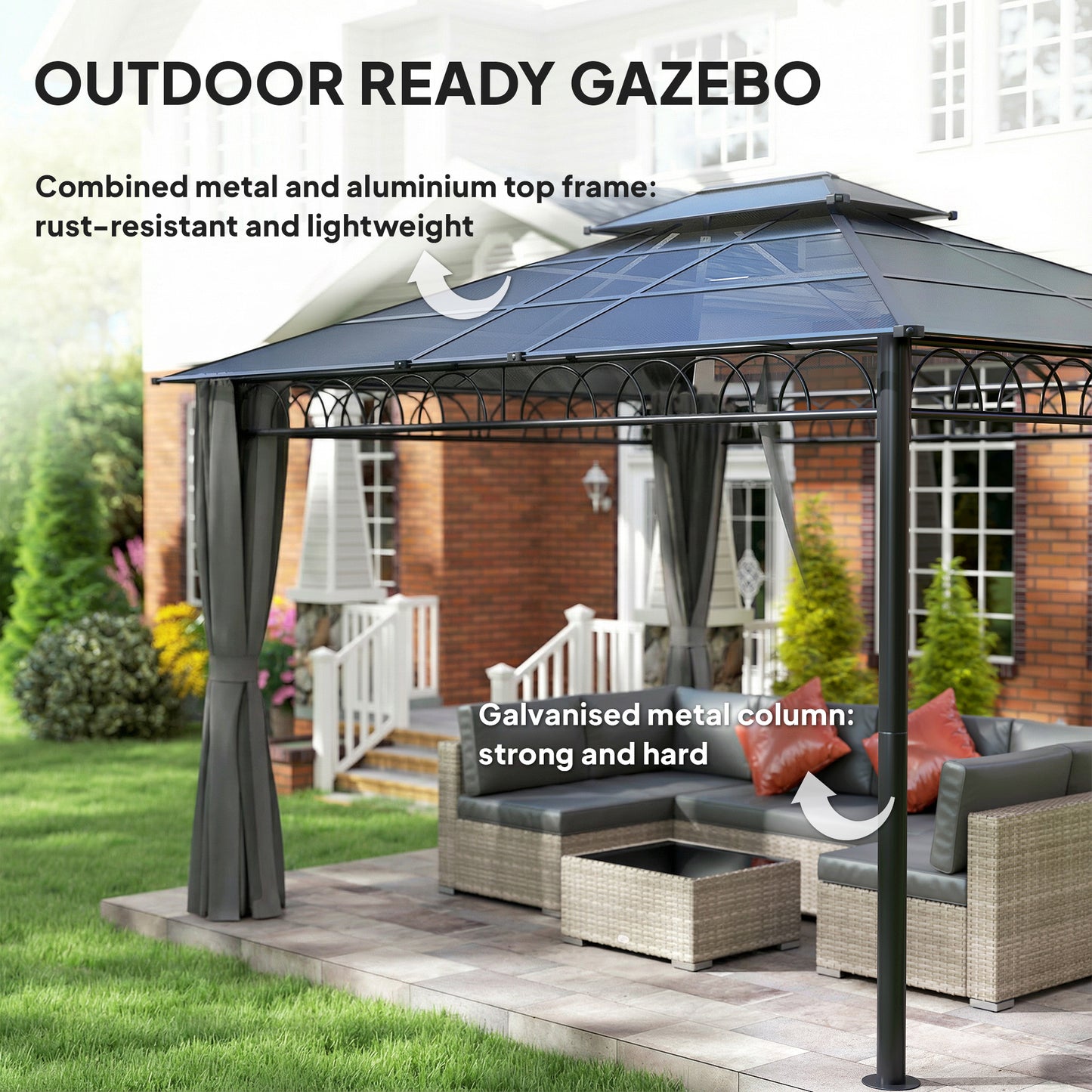 10' x 12' Outdoor Gazebo Canopy, Double Roof Hardtop Gazebo with Polycarbonate Roof, Steel Frame, Nettings and Curtains