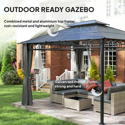 10' x 12' Outdoor Gazebo Canopy, Double Roof Hardtop Gazebo with Polycarbonate Roof, Steel Frame, Nettings and Curtains