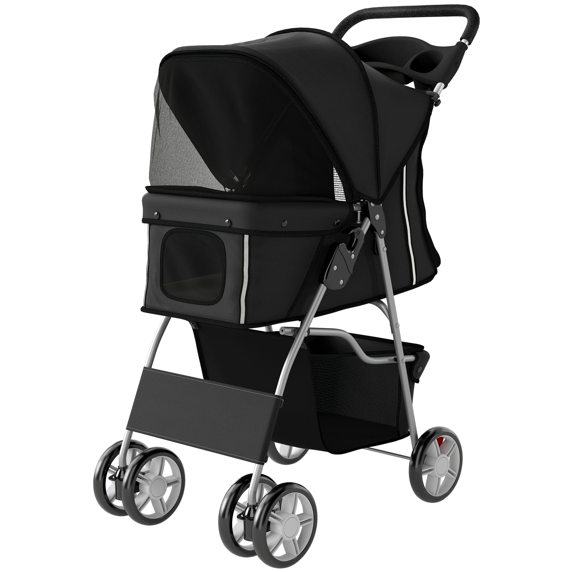Pet Stroller with Reflective Strips, Foldable Cat Stroller with 360° Swivel Wheels for Small Dogs and Cats, Black