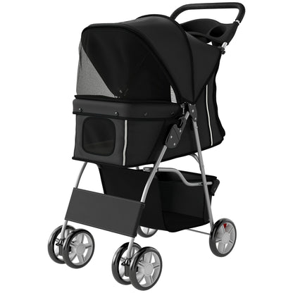 Pet Stroller with Reflective Strips, Foldable Cat Stroller with 360° Swivel Wheels for Small Dogs and Cats, Black