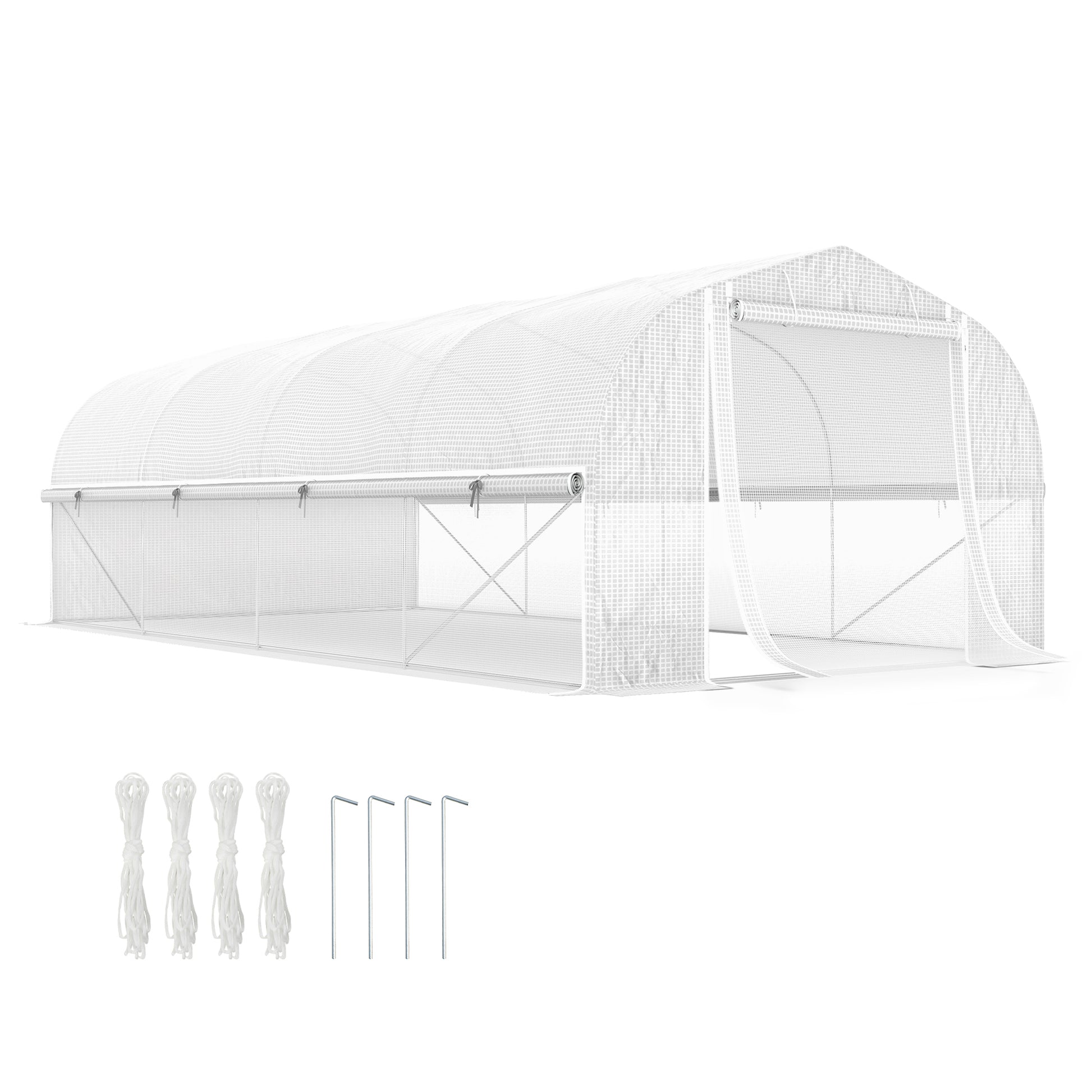 19.5' x 10' x 6.6' Tunnel Greenhouse Outdoor Green House with Roll-up Mesh Sidewalls, Mesh Door, Galvanized Steel, Wind Resistant, White