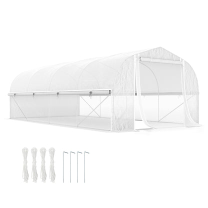19.5' x 10' x 6.6' Tunnel Greenhouse Outdoor Green House with Roll-up Mesh Sidewalls, Mesh Door, Galvanized Steel, Wind Resistant, White