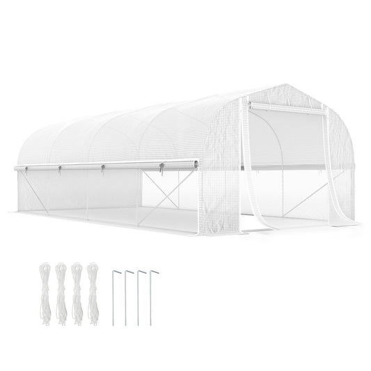 19.5' x 10' x 6.6' Tunnel Greenhouse Outdoor Green House with Roll-up Mesh Sidewalls, Mesh Door, Galvanized Steel, Wind Resistant, White