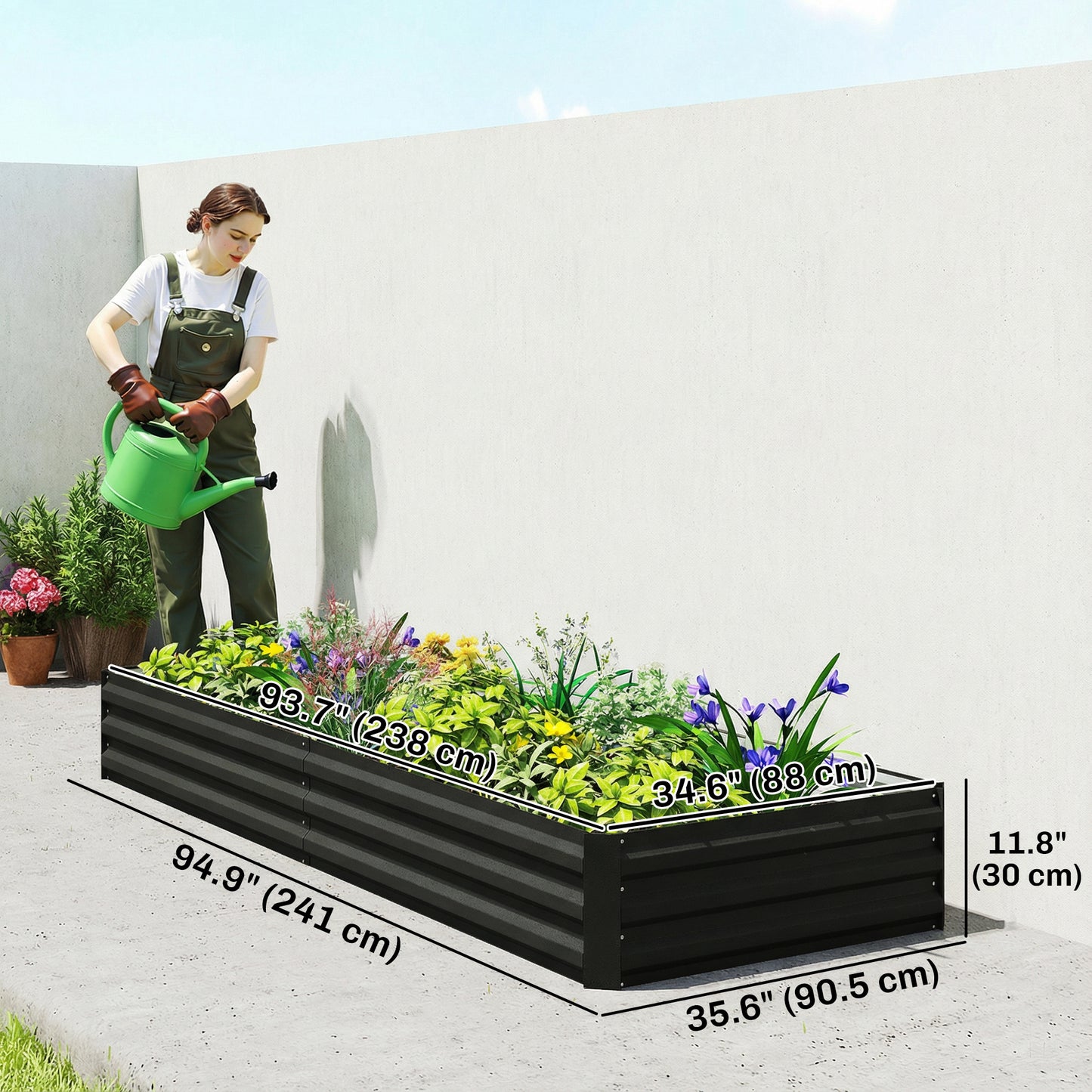 95" x 36" x 12" Galvanized Raised Garden Bed, Metal Elevated Planter Box for Growing Flowers, Herbs, Succulents, Black