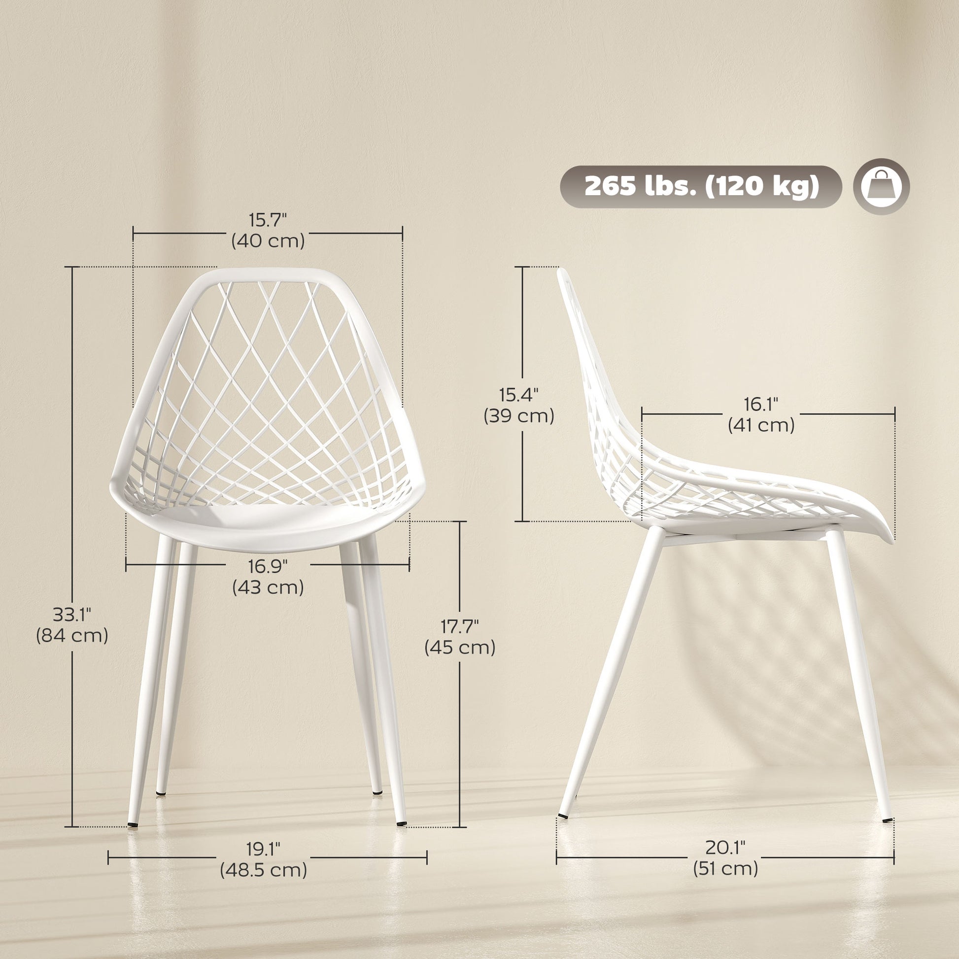 Modern Dining Chairs Set of 4, Plastic Kitchen Chairs with Hollow Backrest and Metal Legs for Living Dining Room, White
