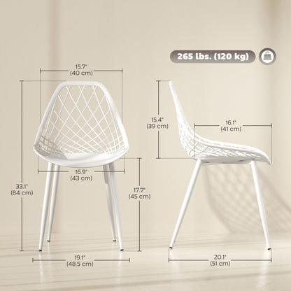 Modern Dining Chairs Set of 4, Plastic Kitchen Chairs with Hollow Backrest and Metal Legs for Living Dining Room, White
