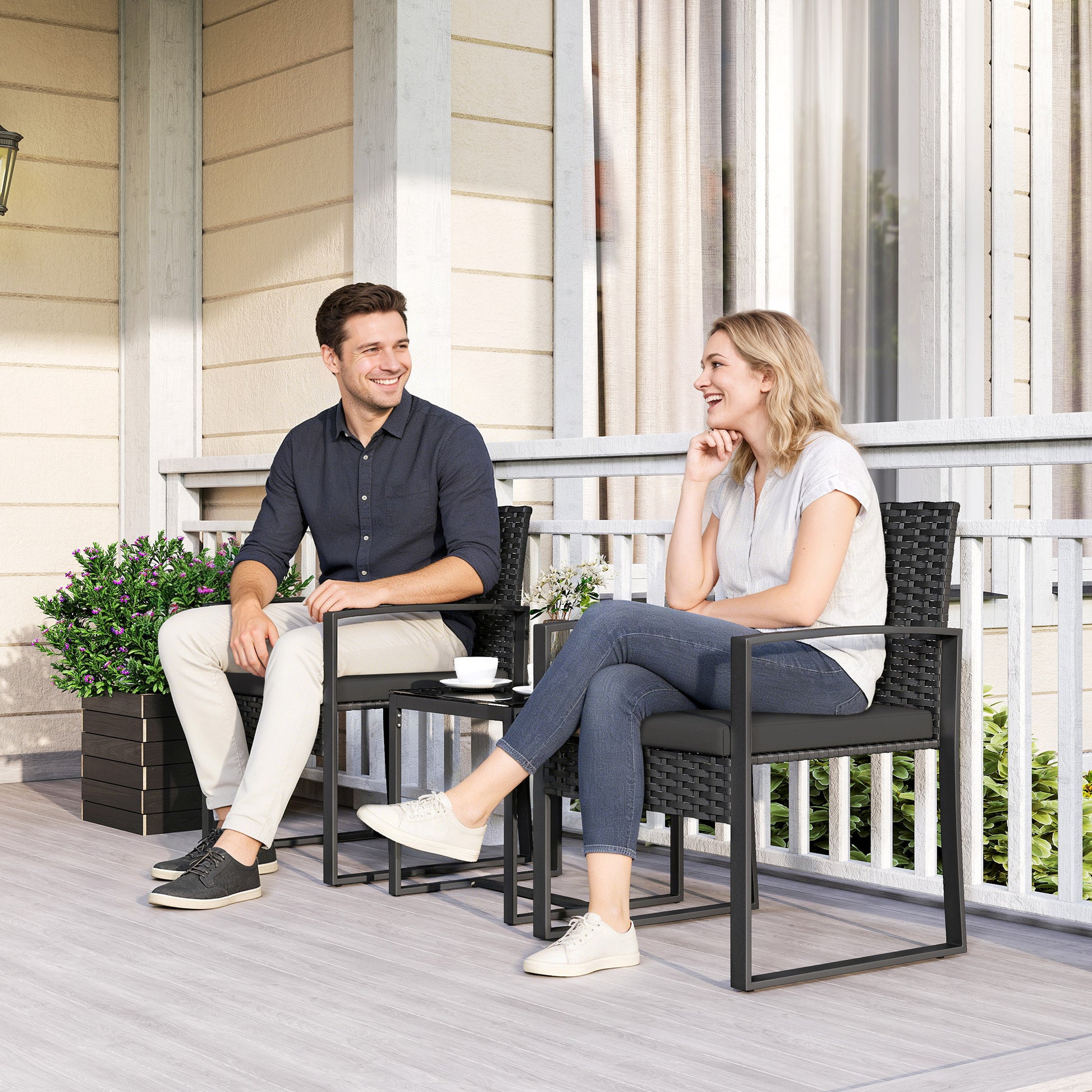 Outdoor Bistro Set, 3 Piece Wicker Patio Furniture Set with Glass Top Table and Cushions for Porch, Balcony, Black