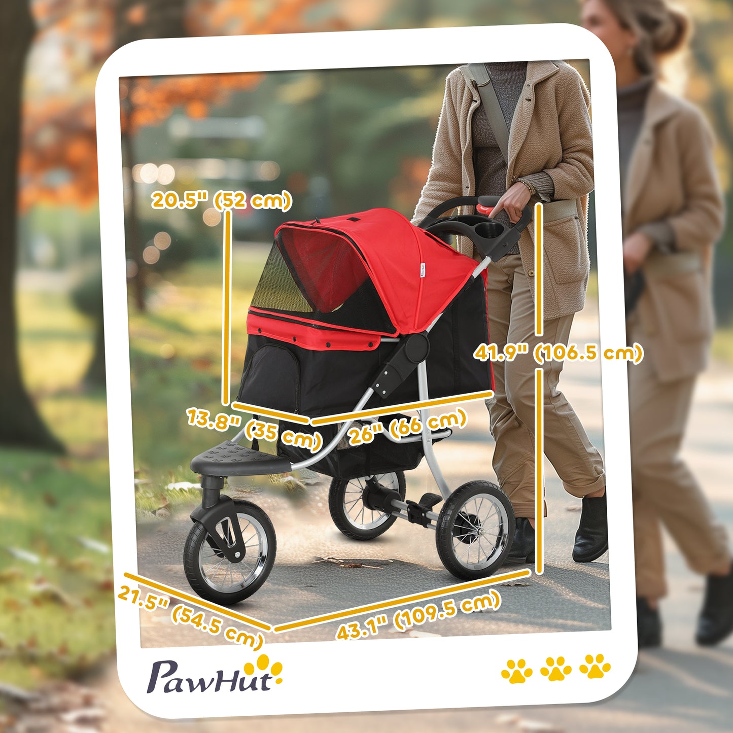 Pet Stroller for Small Dogs, 3 Rubber Wheels Pet Jogger, One-click Easy Folding All-Terrain Dog Stroller, Adjustable Canopy, Zippered Mesh Window Door, Storage Basket, Red