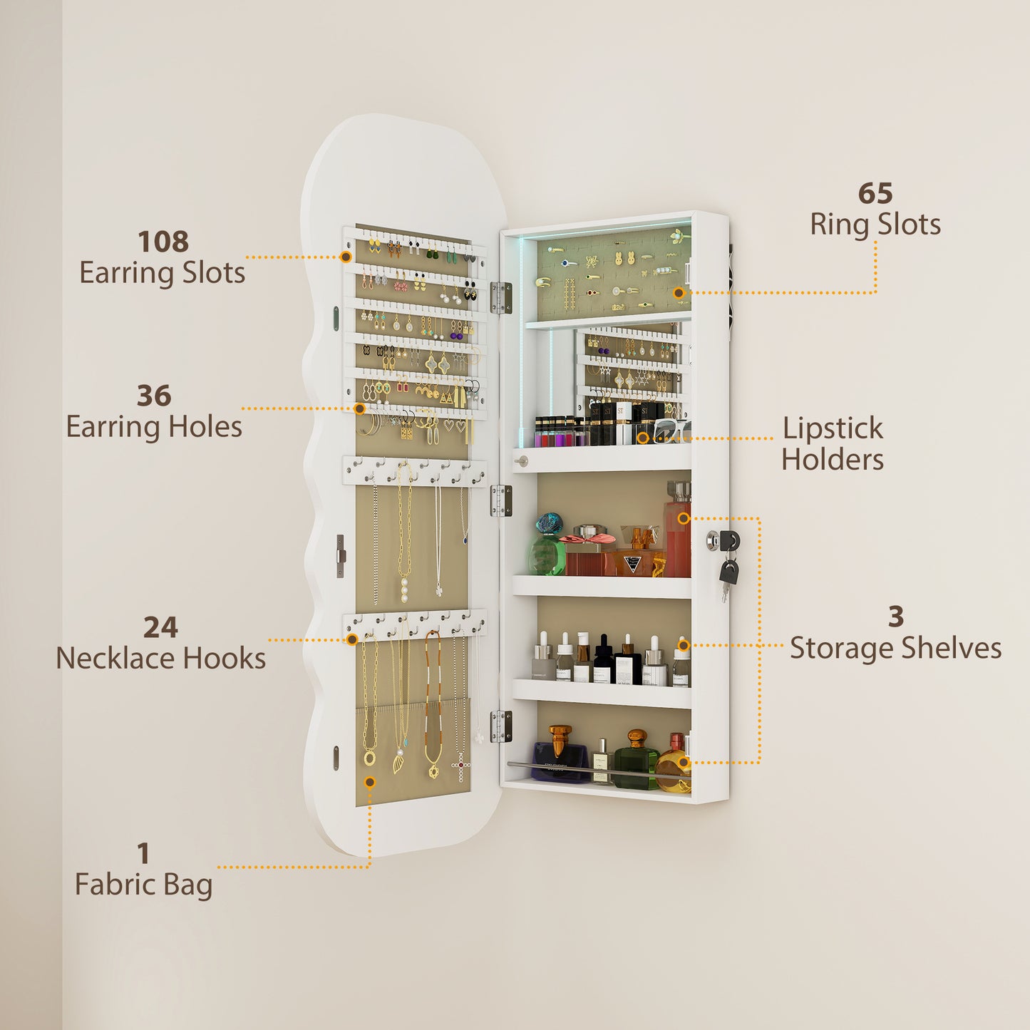 Jewelry Armoire Cabinet with Lights, Wall Mounted or Door Hanging Mirror Jewelry Cabinet with Full Length Mirror, White