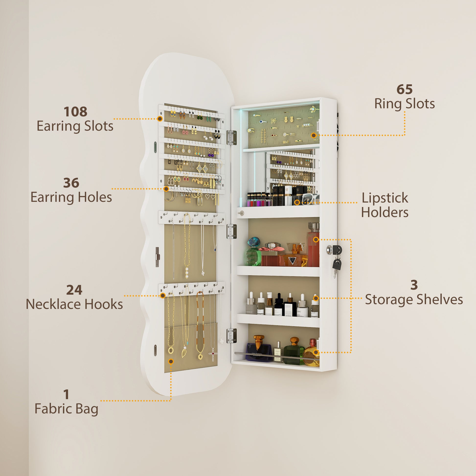Jewelry Armoire Cabinet with Lights, Wall Mounted or Door Hanging Mirror Jewelry Cabinet with Full Length Mirror, White