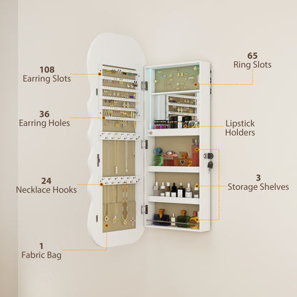 Jewelry Armoire Cabinet with Lights, Wall Mounted or Door Hanging Mirror Jewelry Cabinet with Full Length Mirror, White