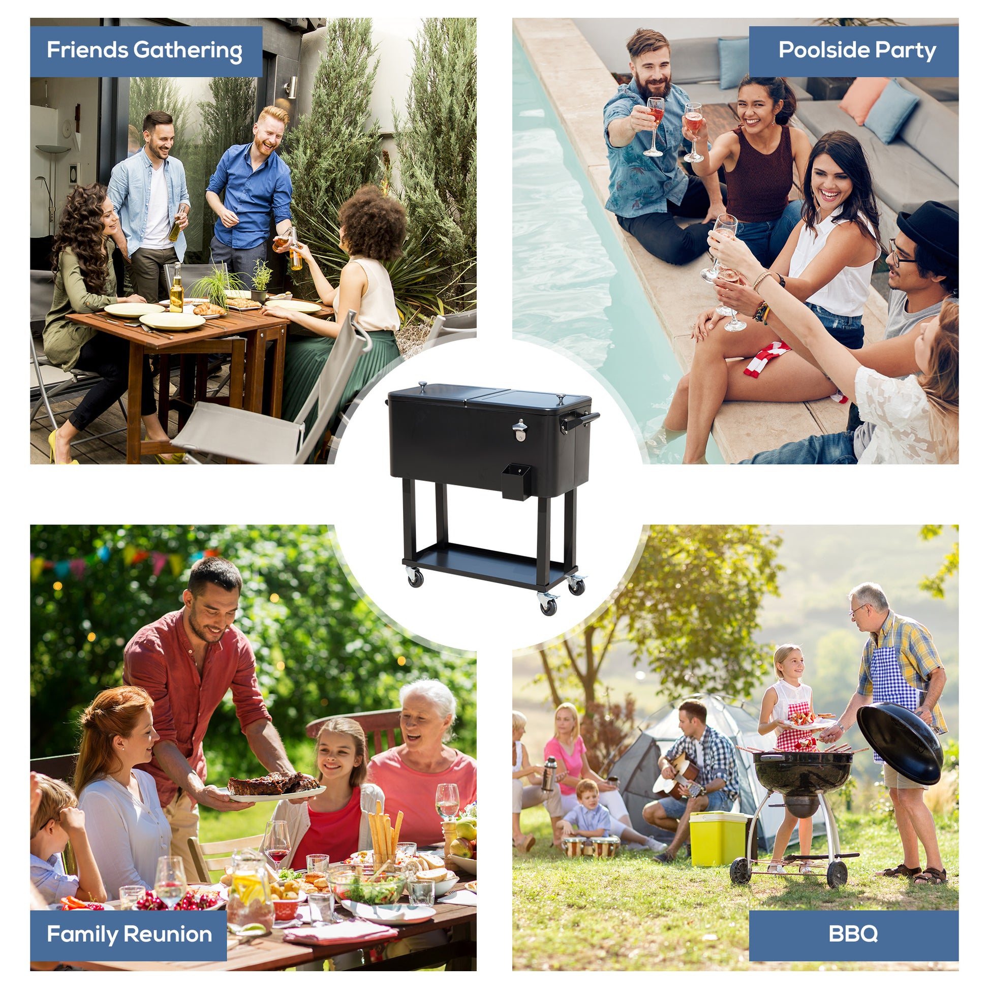 80 Quart Rolling Cooler Cart Portable Patio Ice Beer Beverage Cooling Bin for Outdoor Party w/ Bottle Opener & Storage Shelf Black