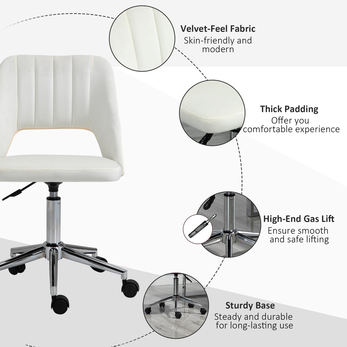 Mid Back Office Chair Velvet Fabric Swivel Scallop Shape Computer Desk Chair, Cream White