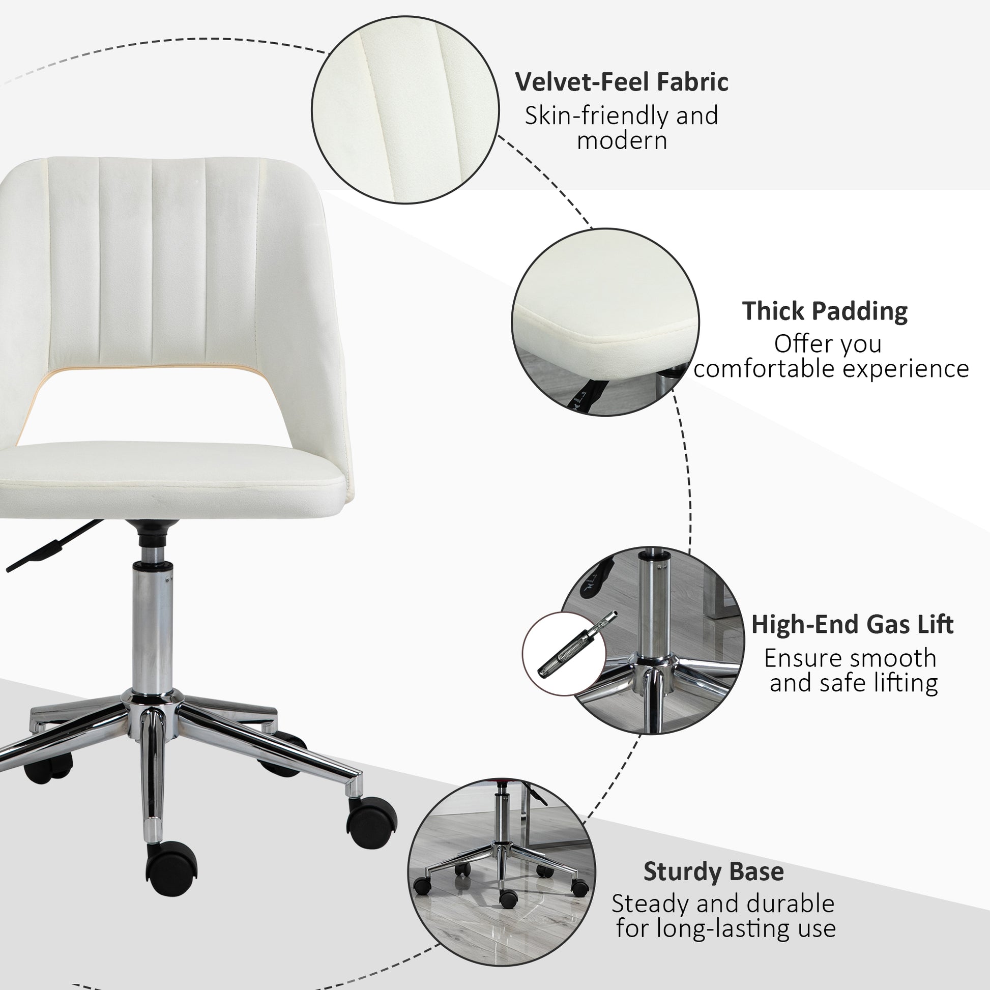 Mid Back Office Chair Velvet Fabric Swivel Scallop Shape Computer Desk Chair, Cream White