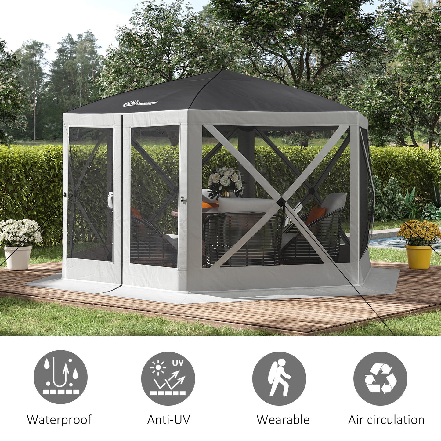 12' x 12' Hexagon Automatic Pop Up Screen Tents Camping Shelter Picnic Canopy with Mesh Sidewalls and Carry Bag, Grey