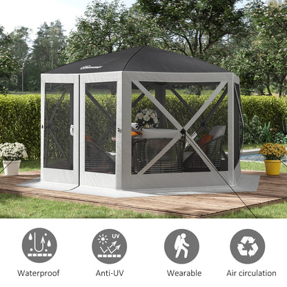 12' x 12' Hexagon Automatic Pop Up Screen Tents Camping Shelter Picnic Canopy with Mesh Sidewalls and Carry Bag, Grey