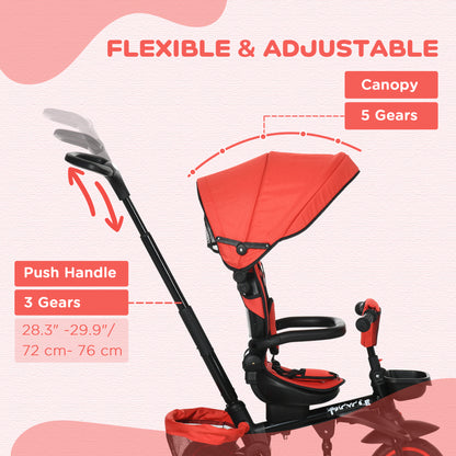 Aosom Tricycle for Toddler 6-in-1 Kids Trike, Foldable Converts Stroller to Baby Push Bike, Adjustable Backrest with Detachable Guardrail & Handle, Brake for 1-4 Years Old, Red