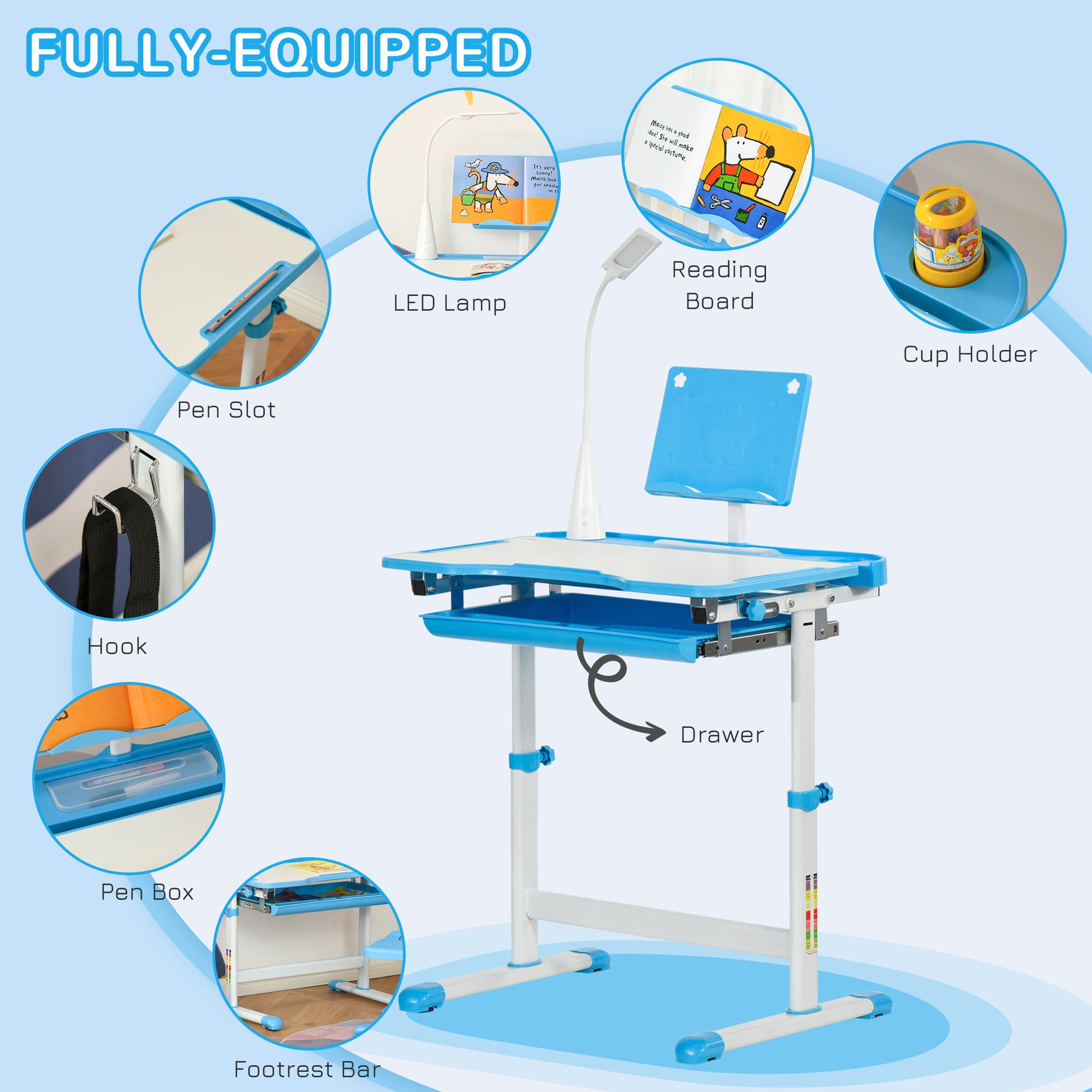 Qaba Kids Desk and Chair Set Height Adjustable Student Writing Desk Children School Study Table with Tilt Desktop, Blue
