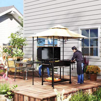 8' x 5' Outdoor Grill Gazebo, Double Tiered Barbecue Grill Gazebo Shelter with 2 Side Shelves, Hooks, Beige