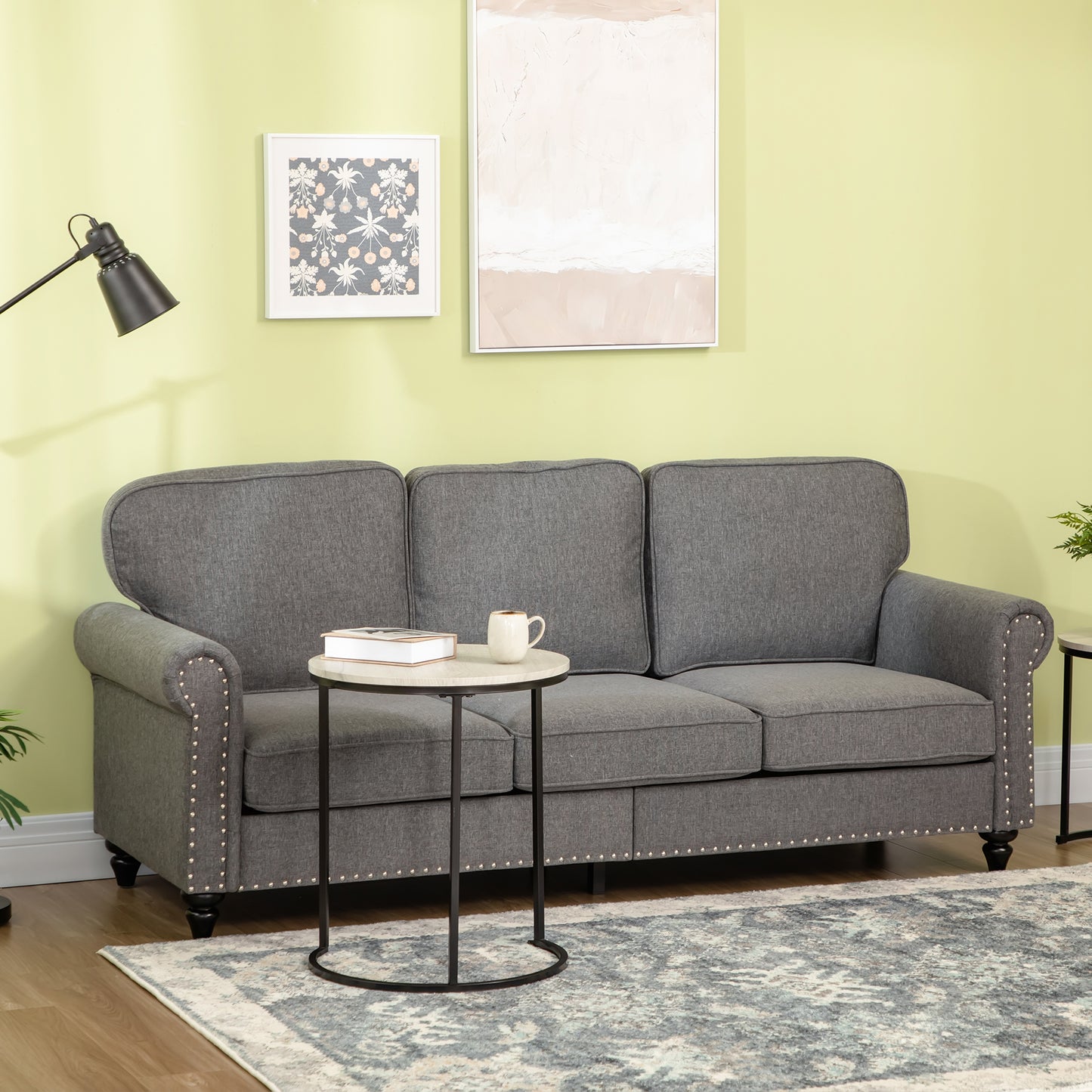 3-Seater Sofa Couch, 81" Modern Upholstered Linen Fabric Sofa with Rubberwood Legs, Nailhead Trim and Rolled Arms for Living Room, Bedroom and Apartment, Grey
